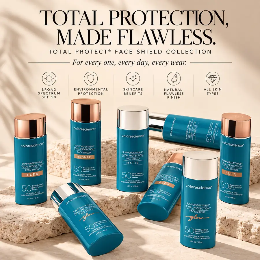 Colorescience Sunforgettable Total Protection Face Shield SPF 50 collection in Flex, Bronze, Matte and Glow finishes