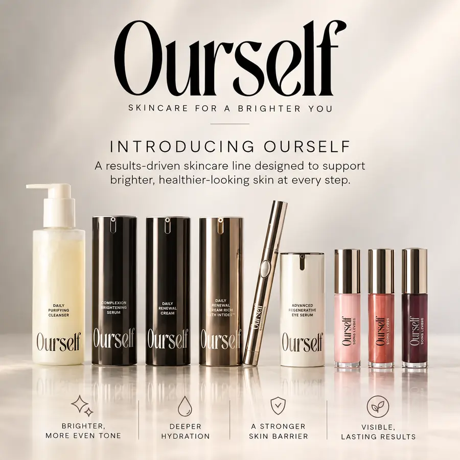OURSELF skincare collection: Daily Purifying Cleanser, Complexion Brightening Serum, Daily Renewal Cream, Advanced Regenerative Eye Serum and lip treatments